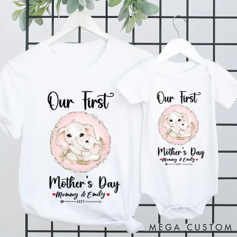 Personalized Adorable Elephant Our First Mother's Day Matching Outfit
