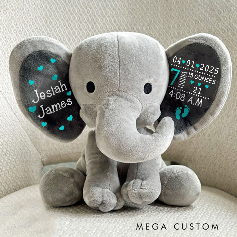 Personalized Baby Birth Stats with Hearts and Footprints for Cherished Memories Elephant Keepsake