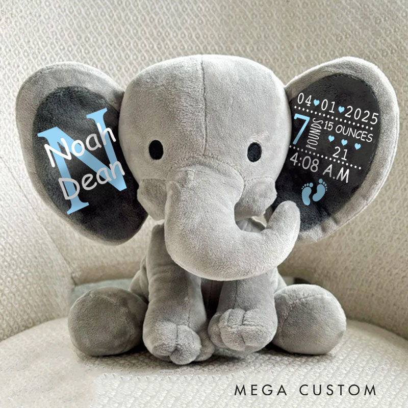 Personalized Baby Name Birth Details with Hearts and Footprints for a Cherished Memory Elephant Keepsake