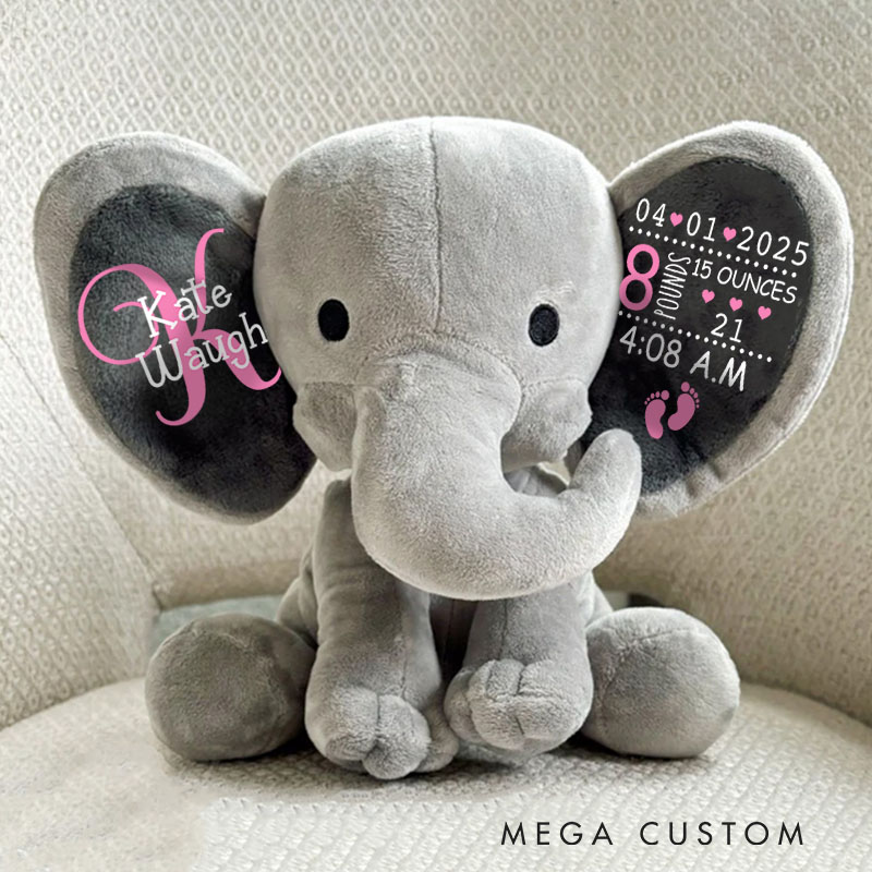 Personalized Adorable Birth Toy Highlighting with Delicate Hearts and Footprints Elephant Keepsake