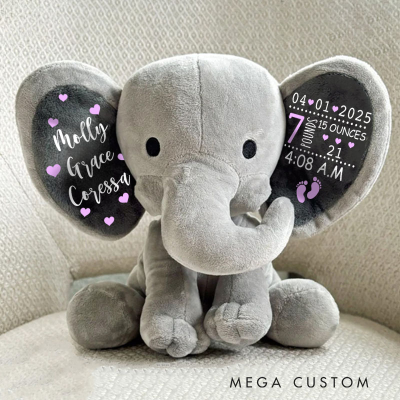 Personalized Soft Pink Themed Design with Custom Birth Details for Elephant Keepsake