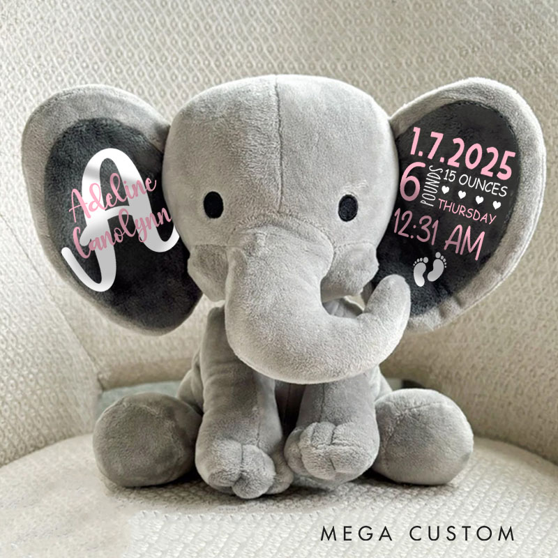 Personalized Soft and Sweet Design Showcasing Baby Birth Stats and Gentle Pastel Details Elephant Keepsake Baby Shower Gift