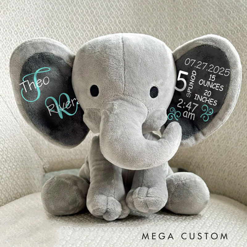 Personalized Themed Elephant Toy Displaying Baby Birth Stats with Aqua Swirls and Details Elephant Keepsake Baby Gift