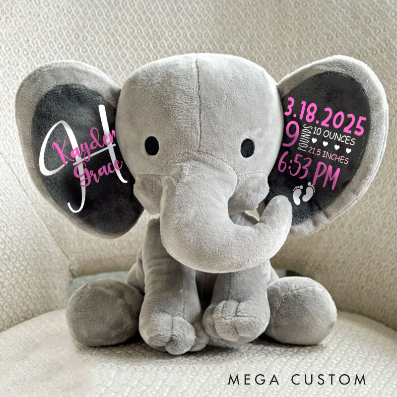 Personalized Dark Themed Elephant Toy Baby Birth Stats with Pink Highlights and Footprint Motifs Elephant Keepsake