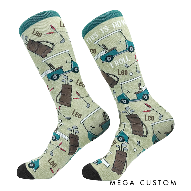 Personalized Golf Themed Crew Socks with Custom Name Golf Cart and Fun Sports Design