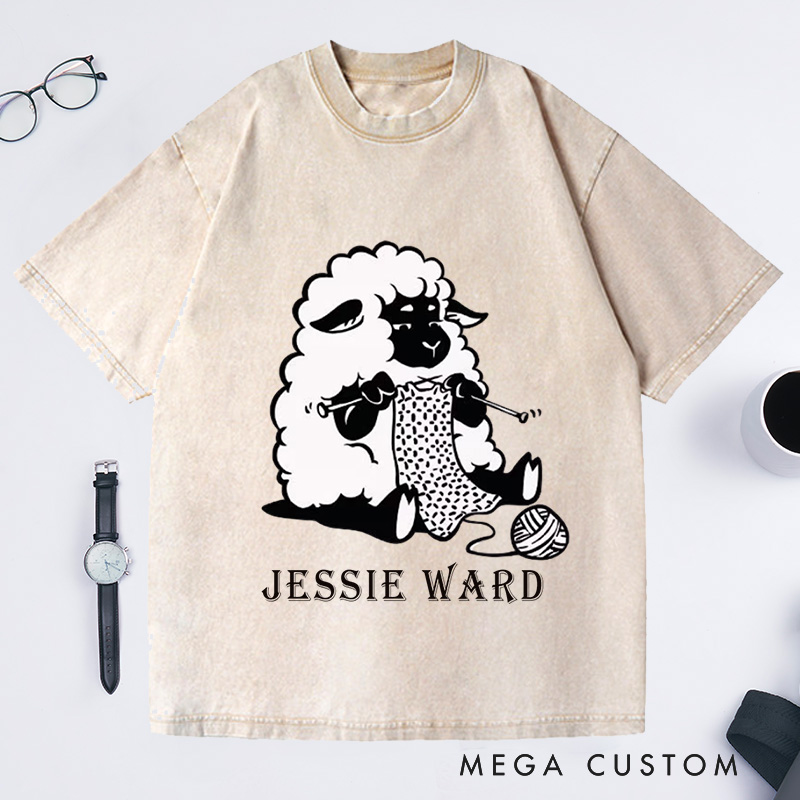 Personalized Sheep Graphic Washed T-Shirts Funny Crochet Shirts Knitting Gifts Crafter Vneck Shirts Cute Crocheting Clothing