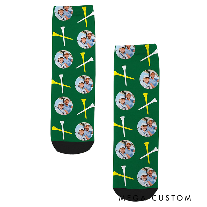 Personalized Golf Themed Socks with Custom Face Photo Crossed Clubs Design and Comfortable Fit