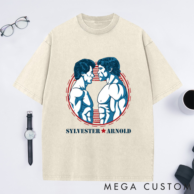 Personalized Bodybuilders Washed T-Shirts with Retro Fitness Icons Face Off for Fitness Enthusiasts Bodybuilders and Gym Lovers
