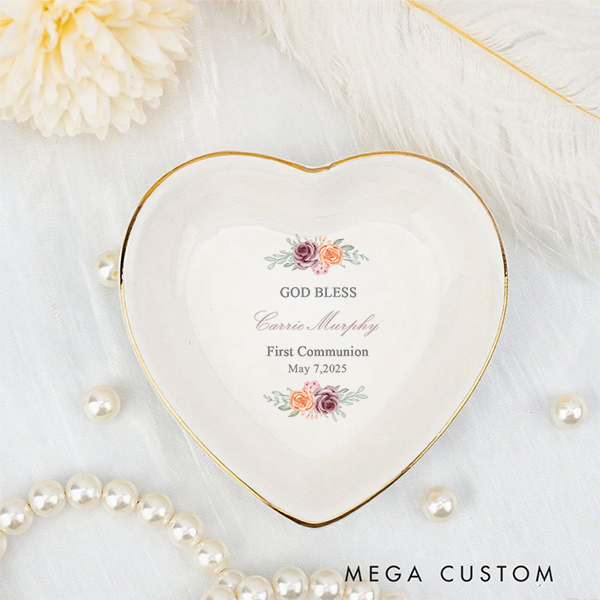 Personalized God Bless First Communion Ceramic Jewelry Dish with Name and Date Birthday Religious Baptism Gift for Kids