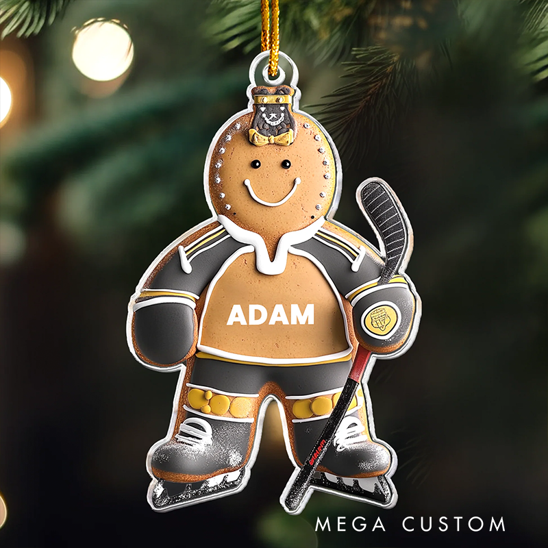 Personalized Gingerbread Hockey Player Christmas Ornament with Custom Name and Festive Design for Holiday Decorations