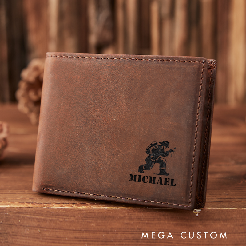 Personalized Engraved Leather Wallet for Firefighter Firefighter Spraying Water Design Gift for Fireman
