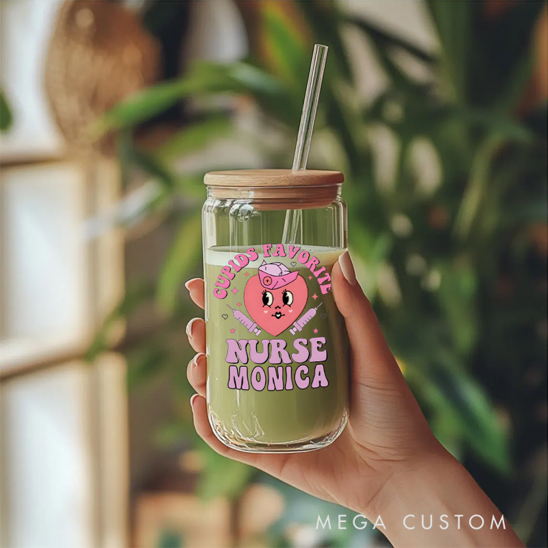 Personalized Nurse Tumbler with Lid and Straw Cupid's Favorite Nurse Design Custom Glass Coffee Cup 