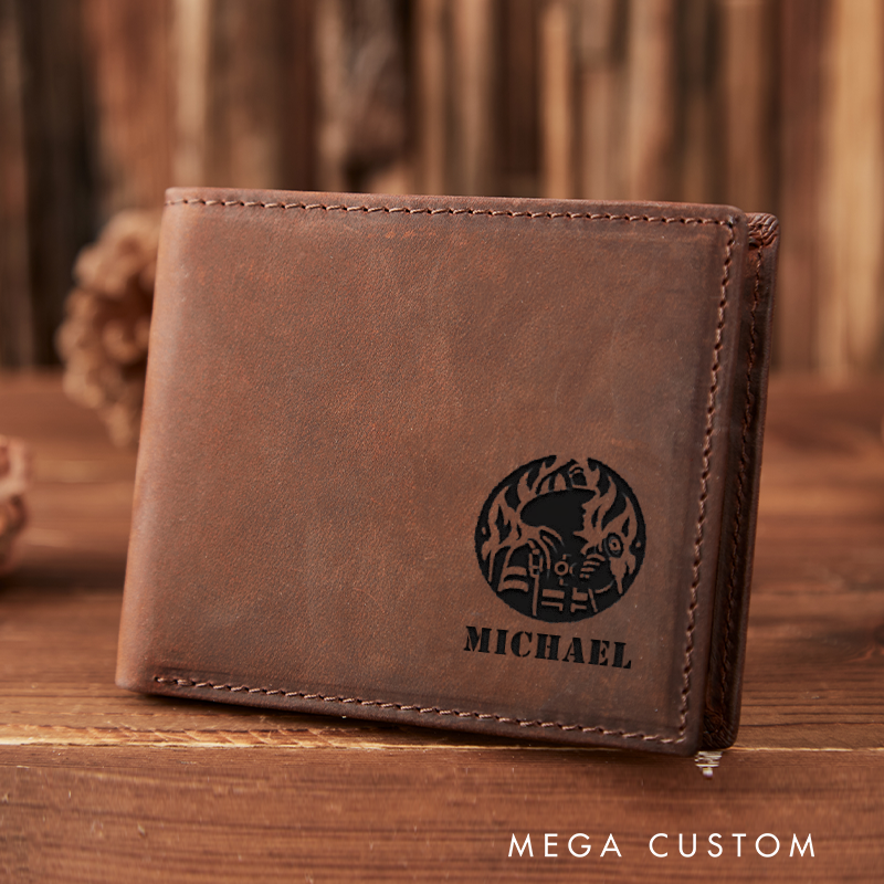 Personalized Engraved Leather Wallet for Firefighter Firefighter Circle Emblem Design Gift for Fireman