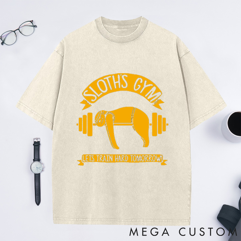Personalized Gym Washed T-Shirts with Funny Sloth Lifting Barbell Design for Fitness Enthusiasts Bodybuilders and Gym Lovers