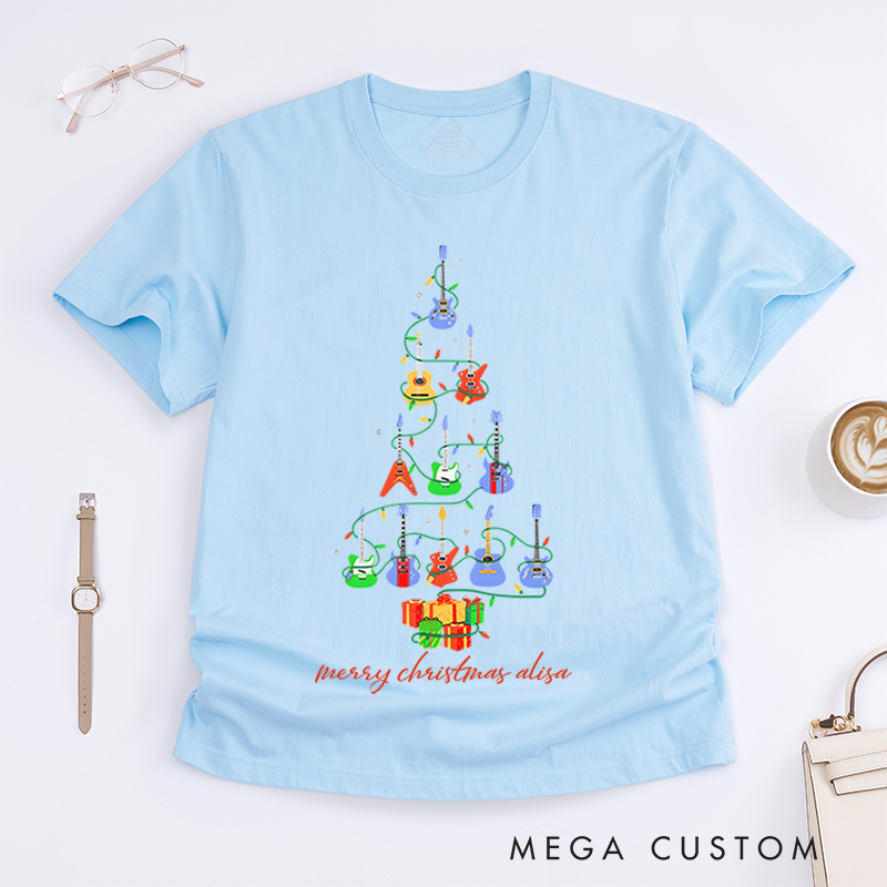 Personalized Classic T-Shirts Christmas Guitar Tree for Men and Women and Tee Guitar Musician Gift Top Music Ukulele Tree Shirt Christmas Gift