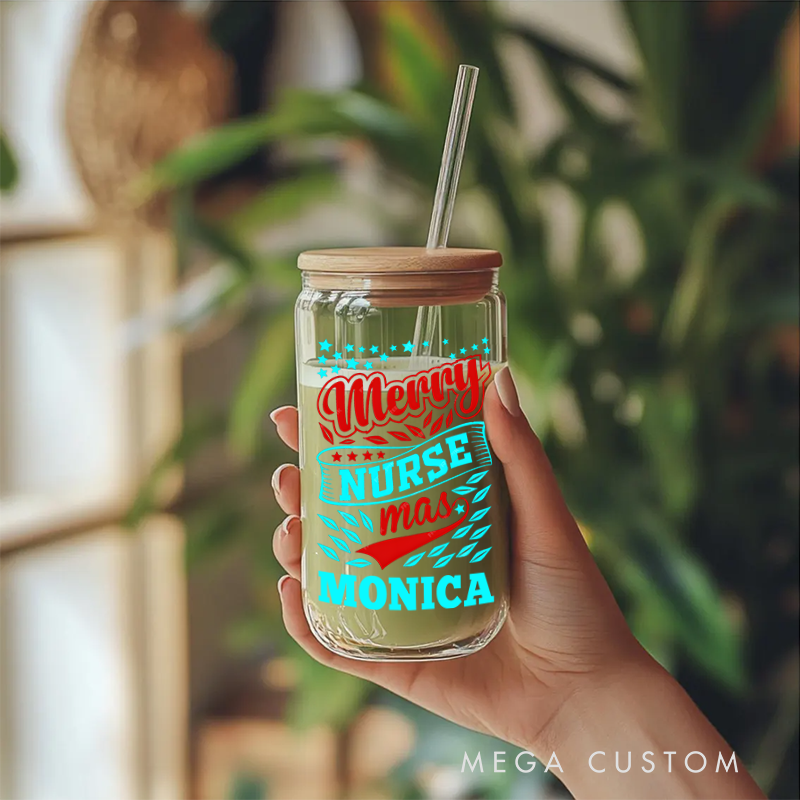 Personalized Nurse Tumbler with Lid and Straw Merry Nurse-mas Design Custom Glass Coffee Cup 