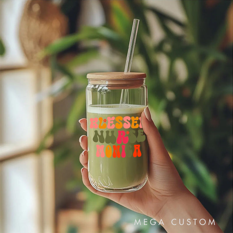 Personalized Nurse Tumbler with Lid and Straw Blessed Nurse Design Custom Glass Coffee Cup 