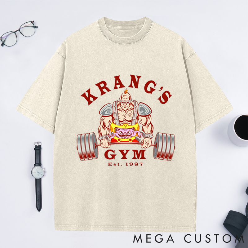 Personalized Gym Washed T-Shirts with Bold Alien Bodybuilder Lifting Design for Fitness Enthusiasts Bodybuilders and Gym Lovers