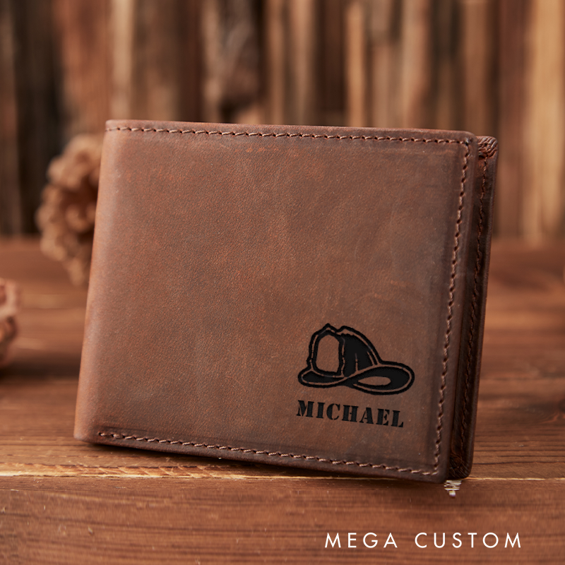 Personalized Engraved Leather Wallet for Firefighter Firefighter Helmet Design Gift for Fireman