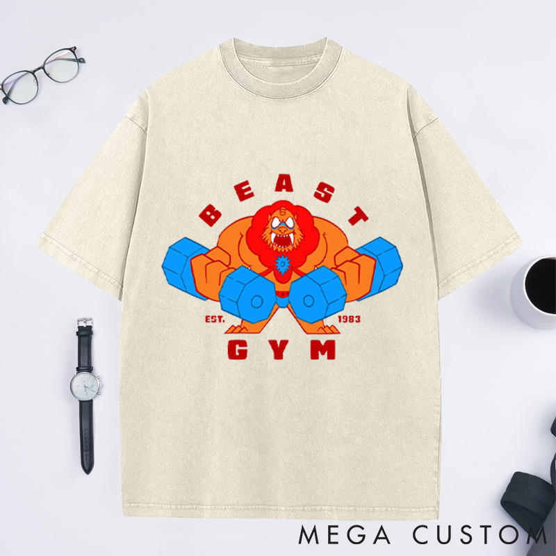 Personalized Beast Gym Washed T-Shirts with Fierce Lion Lifting Dumbbells Design for Fitness Enthusiasts Bodybuilders and Gym Lovers