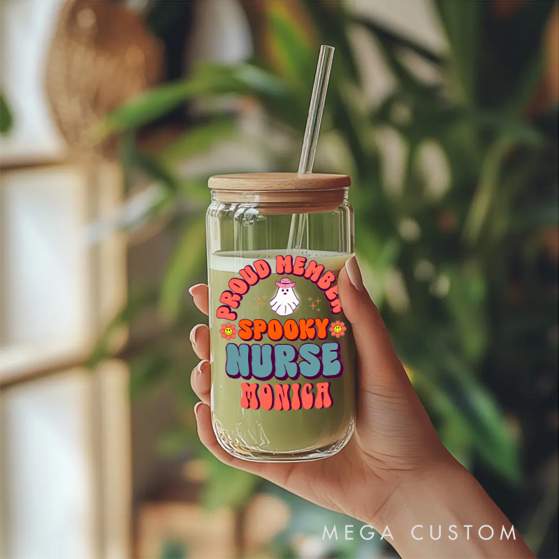 Personalized Nurse Tumbler with Lid and Straw Proud Member Spooky Nurse Design Custom Glass Coffee Cup 