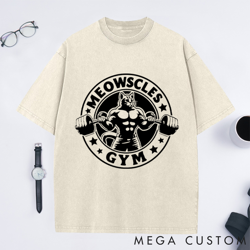 Personalized Gym Washed T-Shirts with Buff Cat Lifting Dumbbells Design for Fitness Enthusiasts Bodybuilders and Gym Lovers