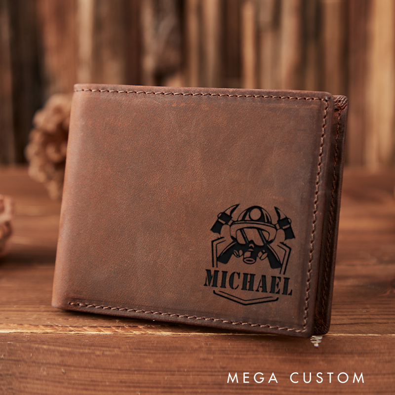 Personalized Engraved Leather Wallet for Firefighter Firefighter Helmet and Axes Design Gift for Fireman