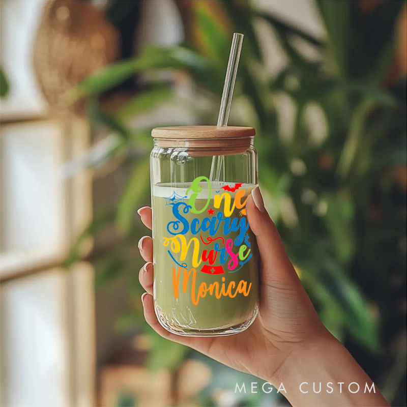 Personalized Nurse Tumbler with Lid and Straw One Scary Nurse Design Custom Glass Coffee Cup 
