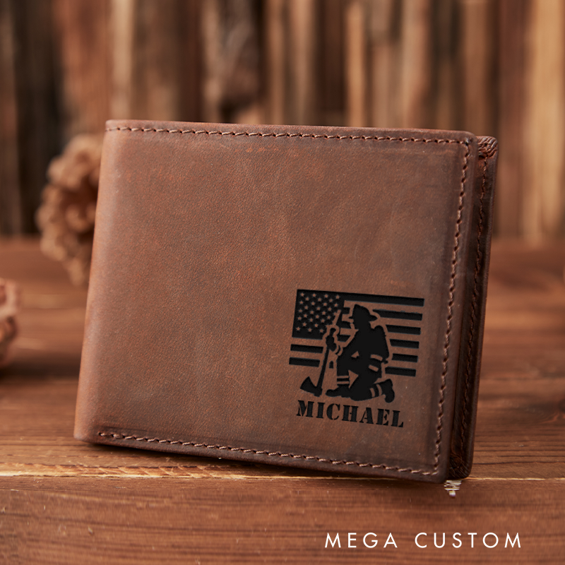 Personalized Engraved Leather Wallet for Firefighter Firefighter with American Flag Design Gift for Fireman
