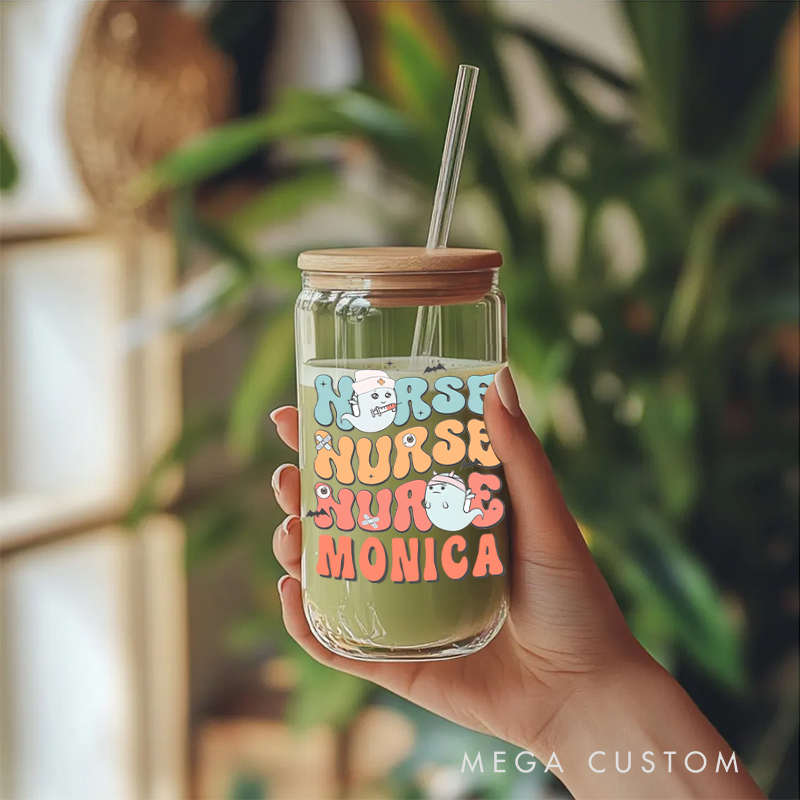 Personalized Nurse Tumbler with Lid and Straw Halloween Nurse Design Custom Glass Coffee Cup 