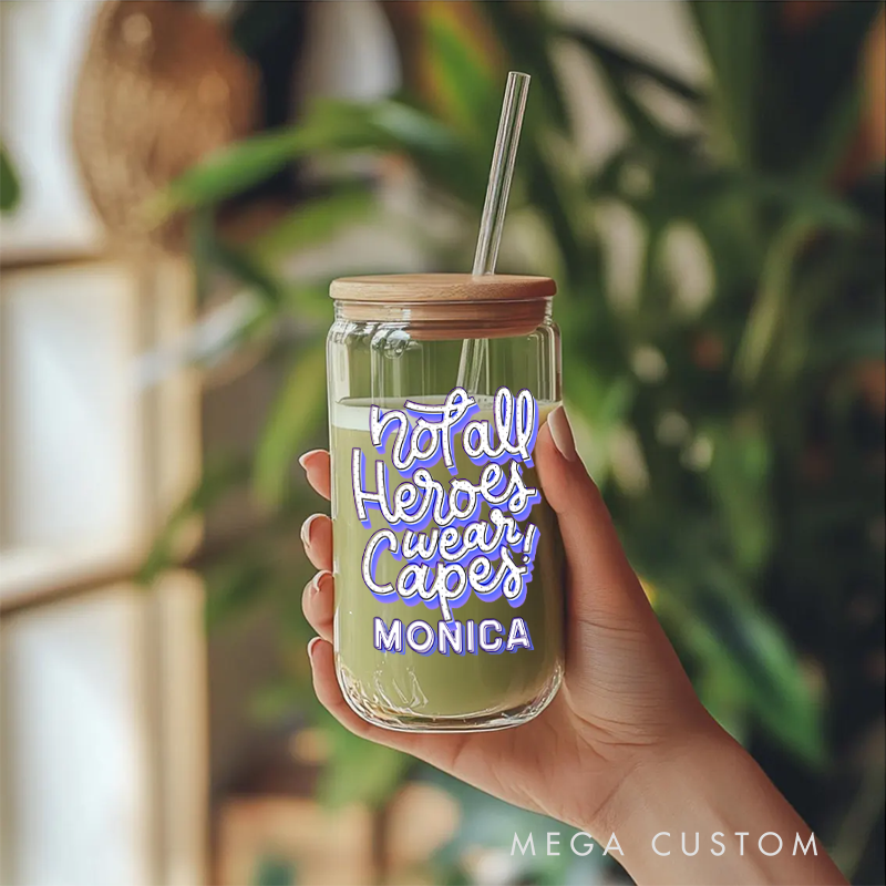 Personalized Nurse Tumbler with Lid and Straw Not All Heroes Wear Capes Design Custom Glass Coffee Cup 