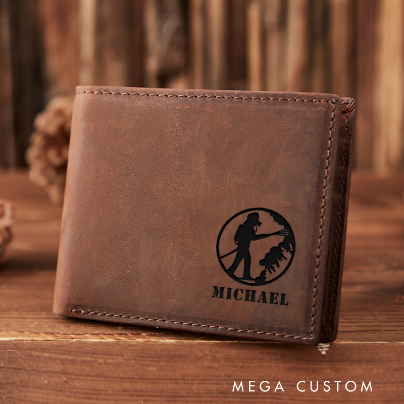 Personalized Engraved Leather Wallet for Firefighter Silhouette Firefighter Design Gift for Fireman