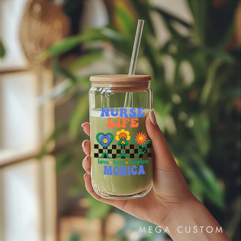 Personalized Nurse Tumbler with Lid and Straw Love Heal Inspire Design Custom Glass Coffee Cup 