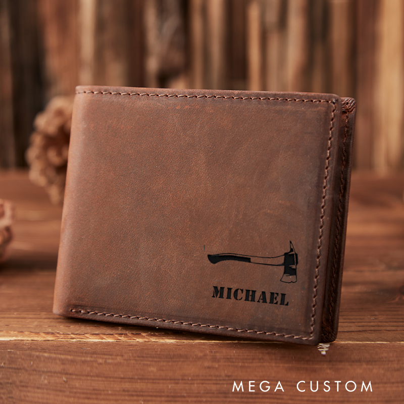 Personalized Engraved Leather Wallet for Firefighter Fire Axe Design Gift for Fireman