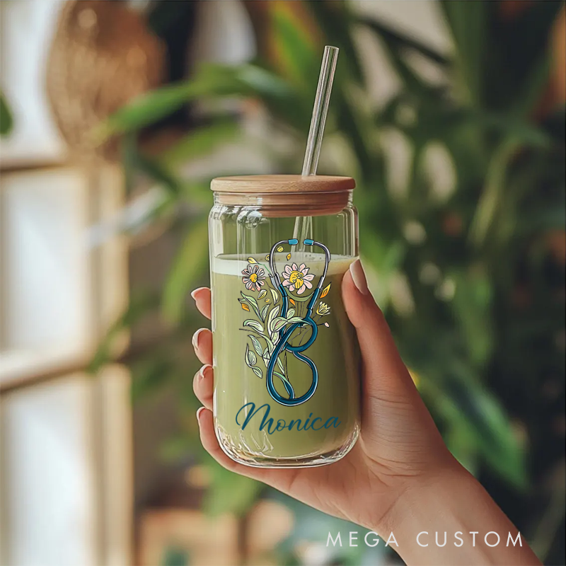 Personalized Nurse Tumbler with Lid and Straw Stethoscope Blooms The Art of Healing Design Custom Glass Coffee Cup 