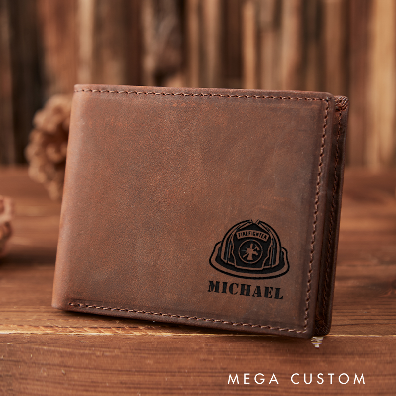 Personalized Engraved Leather Wallet for Firefighter Firefighter Helmet Badge Design Gift for Fireman