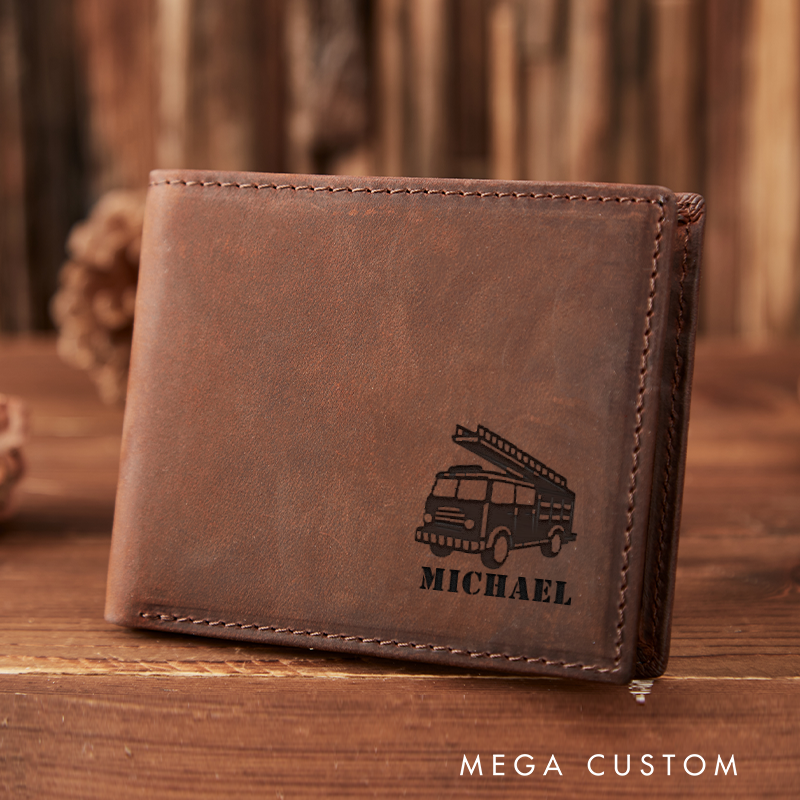 Personalized Engraved Leather Wallet for Firefighter Fire Truck Design Gift for Fireman