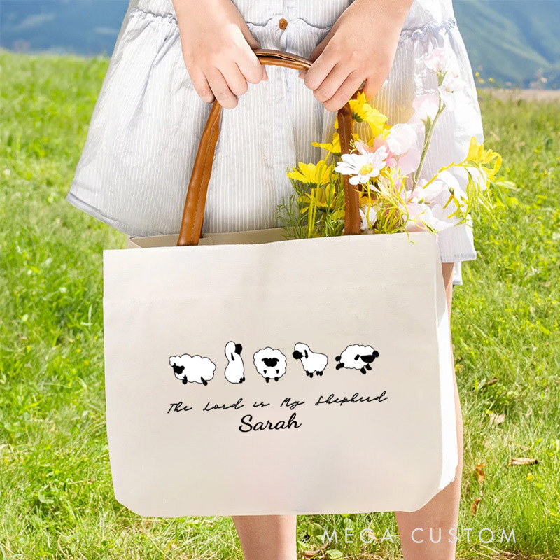 Personalized The Lord is My Shepherd Canvas Tote Bag with Name and Leather Handle Travel Accessories Religious Ceremonies Gift for Women Christian