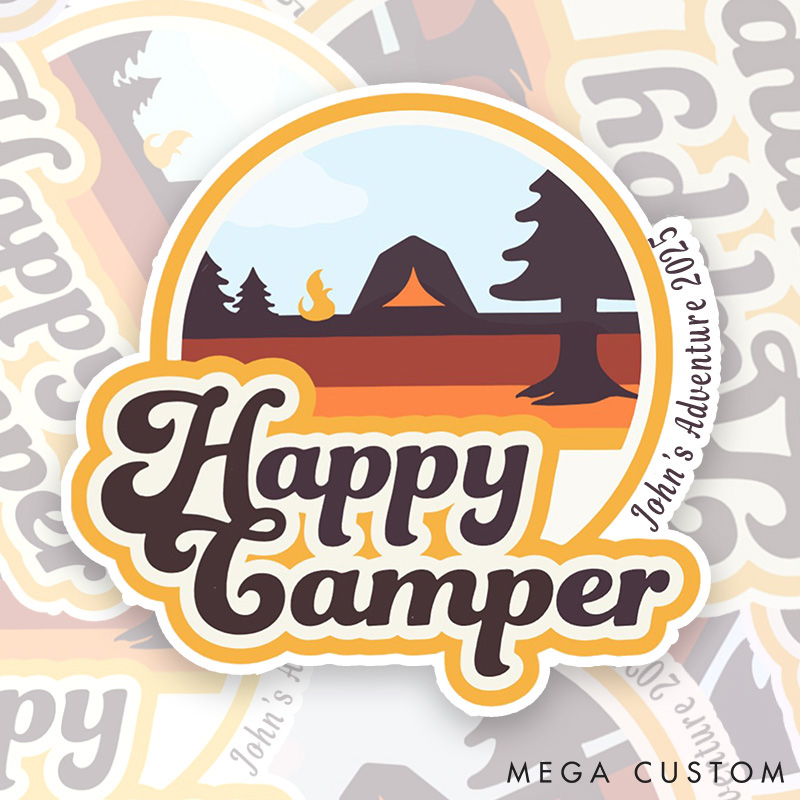Personalized Happy Camper Stickers Hiking Camping Adventure Sticker for Nature Travelers Outdoors Lover Gift