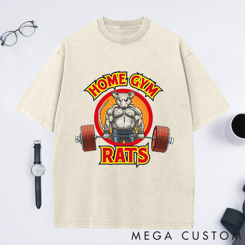 Personalized Gym Washed T-Shirts with Muscular Rat Lifting Barbell Design for Fitness Enthusiasts Bodybuilders and Gym Lovers