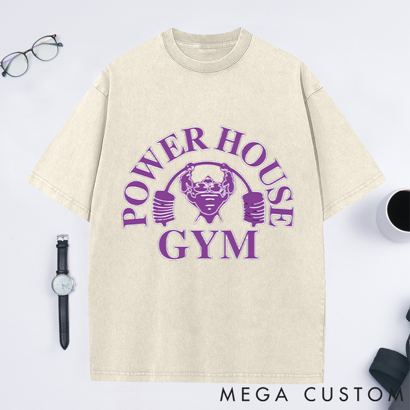 Personalized Power House Gym Washed T-Shirts with Bold Purple Bodybuilder Design for Fitness Enthusiasts Bodybuilders and Gym Lovers