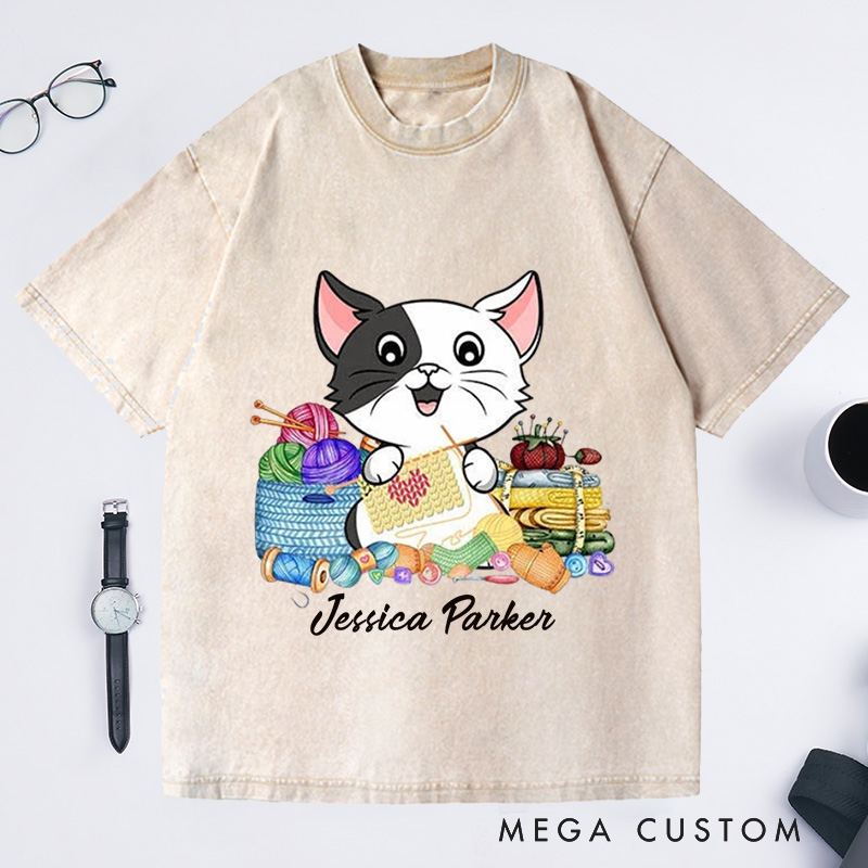Personalized I Love Knitting And Cat Washed T-Shirts Knit Gift Knitting Gift Knitter Gift Love To Knit Love Knitting Knit Lover