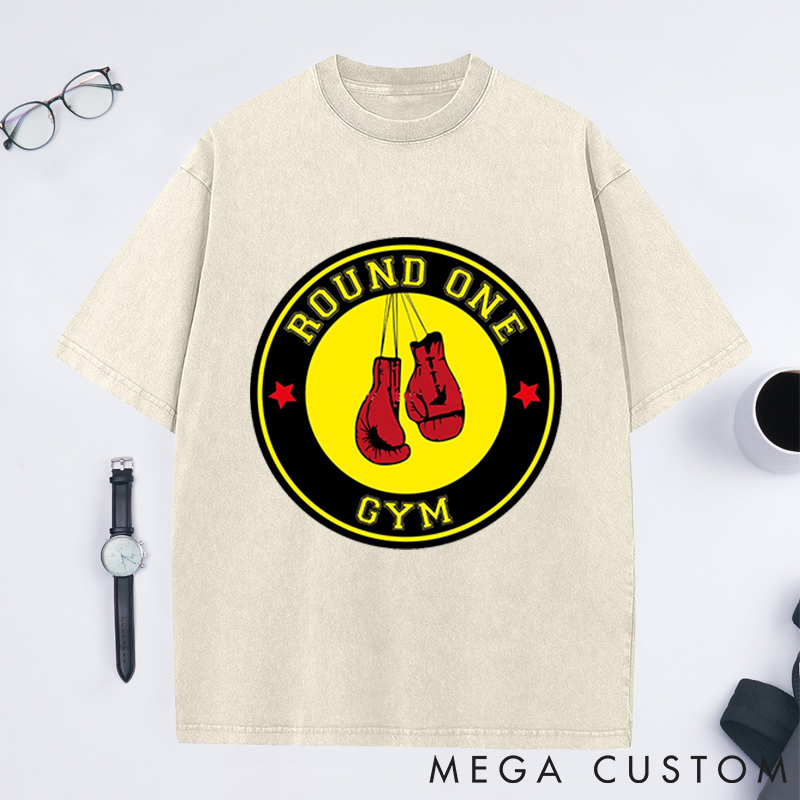 Personalized Round One Gym Washed T-Shirts with Classic Boxing Gloves Design for Fitness Enthusiasts Bodybuilders and Gym Lovers
