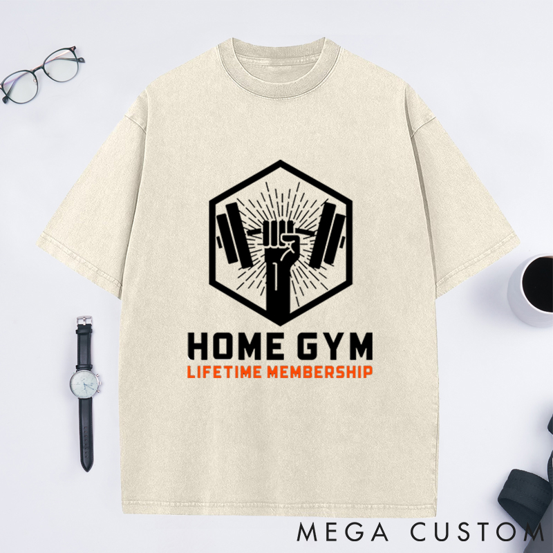 Personalized Gym Washed T-Shirts with Lifetime Membership Bold Barbell Design for Fitness Enthusiasts Bodybuilders and Gym Lovers