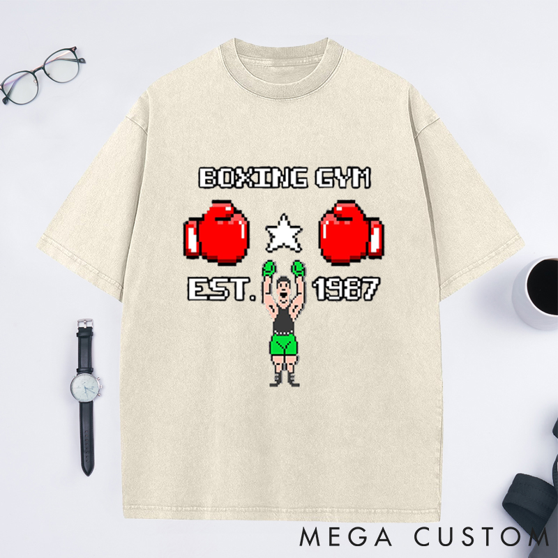 Personalized Boxing Gym Washed T-Shirts with Retro Pixelated Gloves and Champion Design for Fitness Enthusiasts Bodybuilders and Gym Lovers