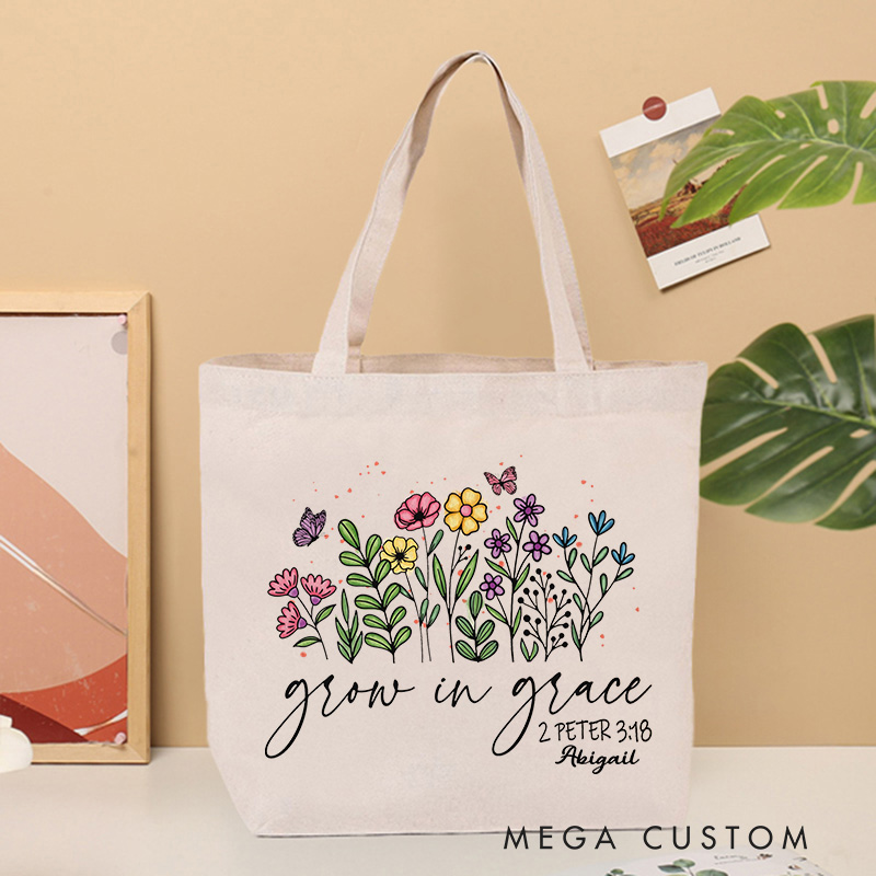 Personalized Floral Grow in Grace Bible Verse Canvas Tote Bag with Custom Name Christian Tote Bag Birthday Gift for Women and Girls