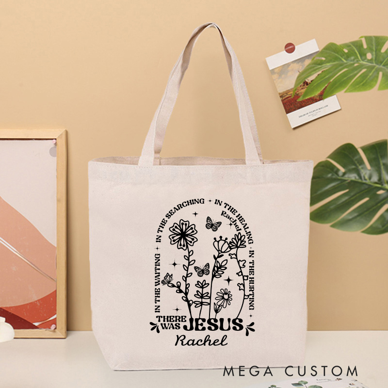 Personalized There Was Jesus Canvas Tote Bag with Name Floral and Butterfly Tote Bag Birthday Gift for Women
