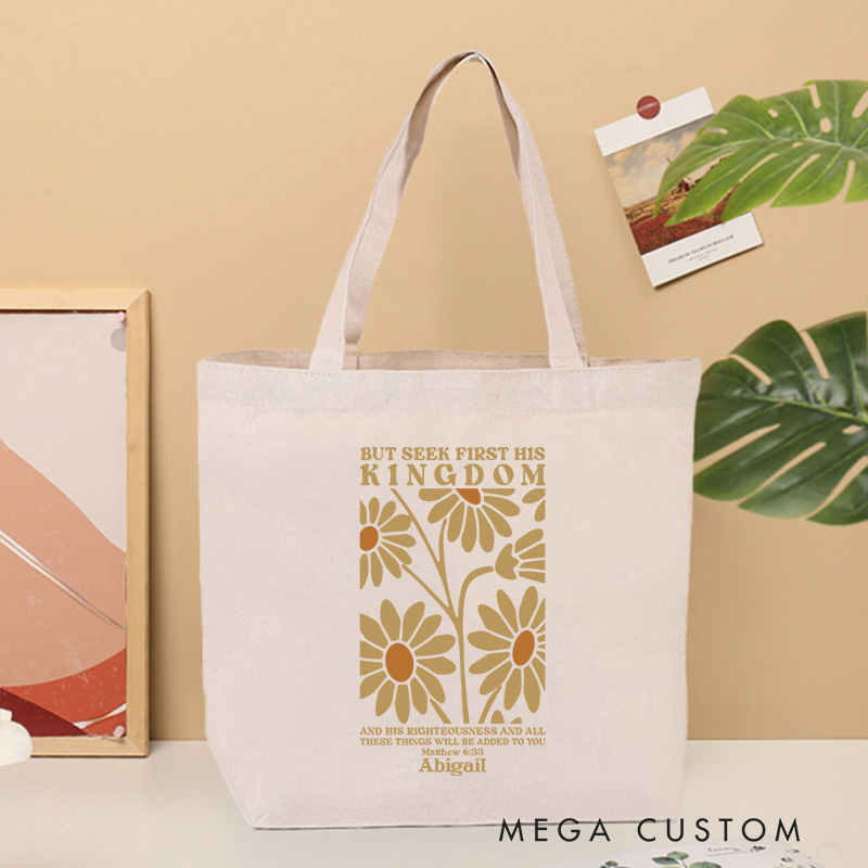 Personalized Matthew 6:33 Bible Verse Canvas Tote Bag with Name Daisies Design Bag Religious Gift Birthday Gift for Christian Girls