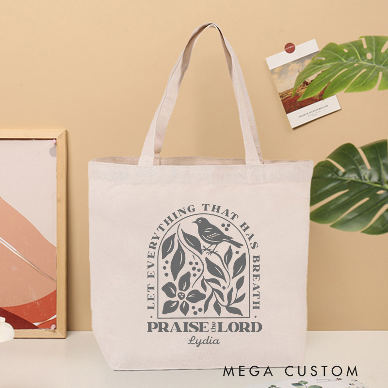 Personalized Psalm 150:6 Bible Verse Canvas Tote Bag with Name Inspirational Religious Gift Birthday Gift for Women and Girls