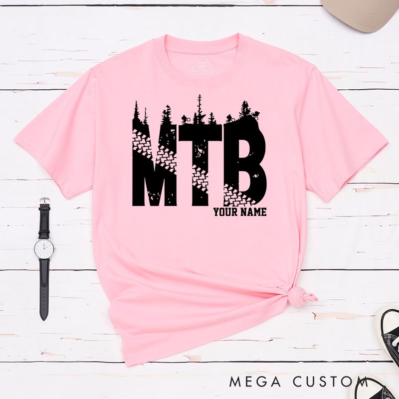 Personalized MTB Trail T-Shirt with Forest Silhouettes and Tire Tracks for Outdoor Adventures Riding Cycling Biking Enthusiasts